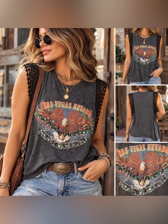 Free People Tops - Free People Las Vegas Nevada Embellished Graphic Tank Top Size Large